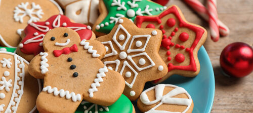 Tasty,Homemade,Christmas,Cookies,On,Blue,Plate,,Closeup,View